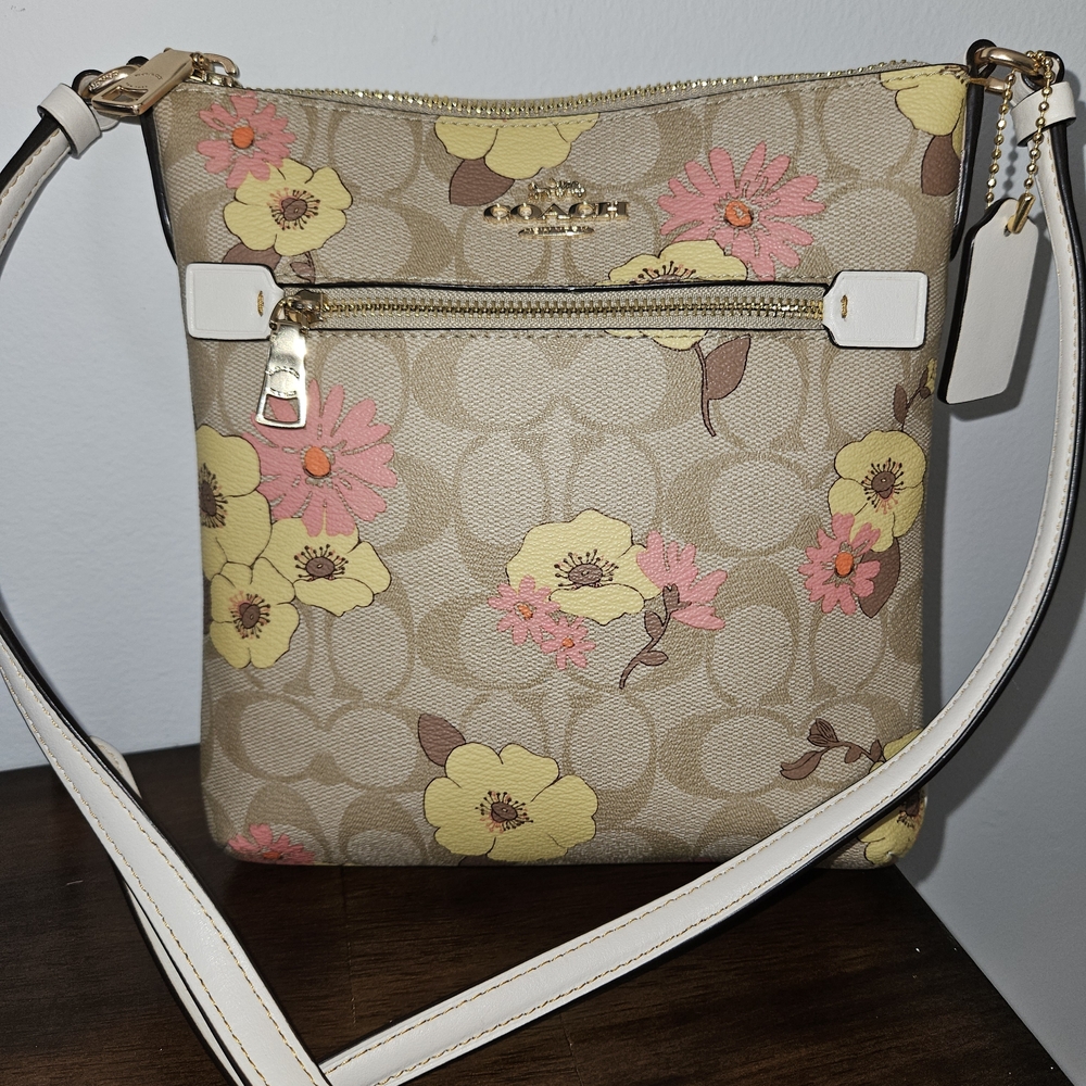 Coach Beige Signature Crossbody with Pink & Yellow Floral Print